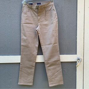 Khaki tan classic five pocket straight leg denim mom jean neutral minimalist